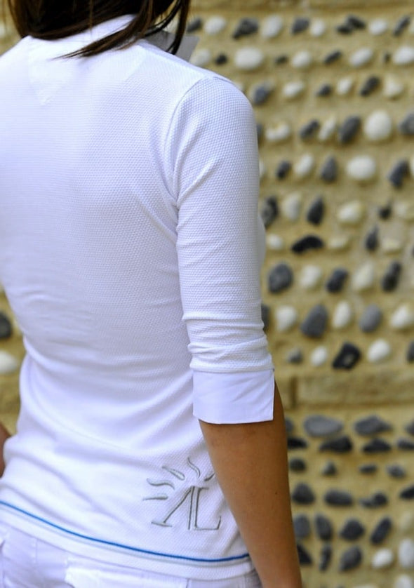 Polo concours HapsBurg Blanc Liseré Bleu gris Alexandra Ledermann Sportswear ALSportswear