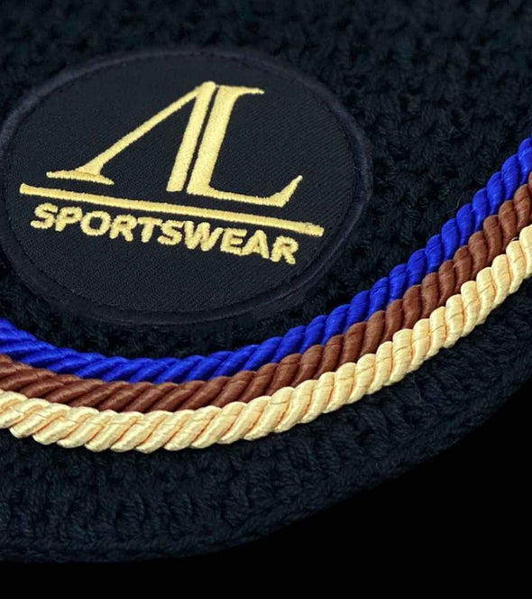bonnet de concours cheval noir cordes or caramel bleu roi alexandra ledermann sportswear alsportswear