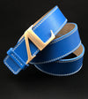 ceinture al cuir bleu azur surpiqures blanches boucle dore mat alexandra ledermann sportswear