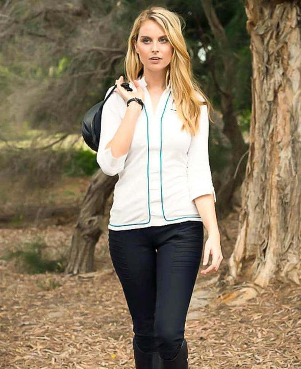 Polo HapsBurg Blanc Liseré Bleu gris Alexandra Ledermann Sportswear ALSportswear