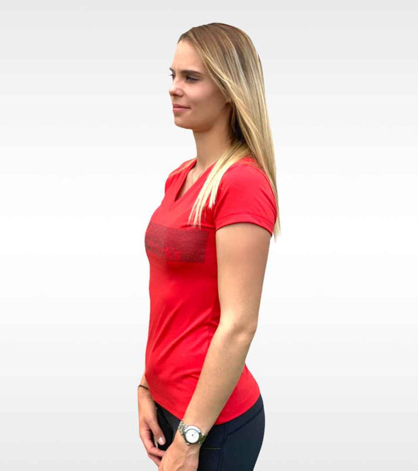 t-shirt technique rouge femme equitation lucks on fire alexandra ledermann sportswear alsportswear