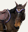 ensemble tapis bonnet cheval chocolat verso cordes bleu roi or al sportswear alexandra ledermann sportswear