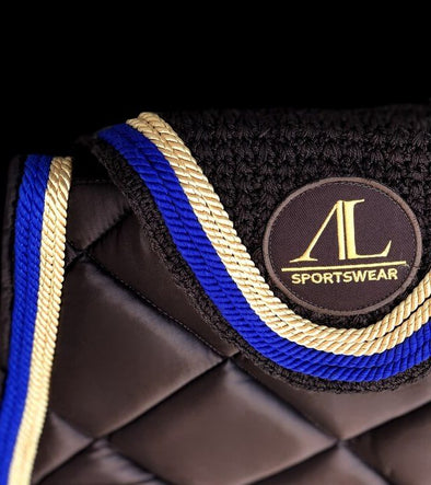 Tapis bonnet cheval chocolat zoom plat 4 cordes bleu roi or ALSportswear Alexandra Ledermann Sportswear