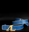 ceinture CSO al cuir bleu azur surpiqures blanches boucle dore alexandra ledermann sportswear