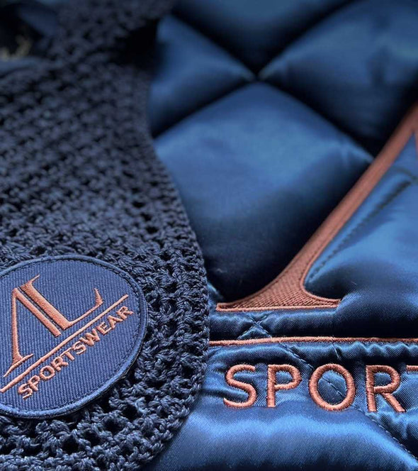 ensemble tapis bonnet cheval bleu nuit caramel alexandra ledermann sportswear alsportswear