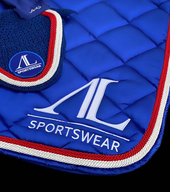 ensemble tapis bonnet bleu roi cheval poney cordes rouges blanc alexandra ledermann sportswear alsportswear