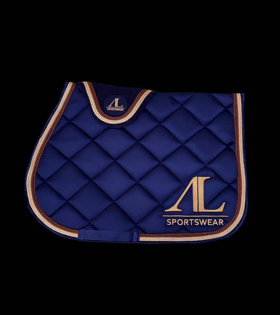 Tapis de Selle Bleu Marine, 4 Cordes Or & Caramel • AL Sportswear –  Alexandra Ledermann Sportswear