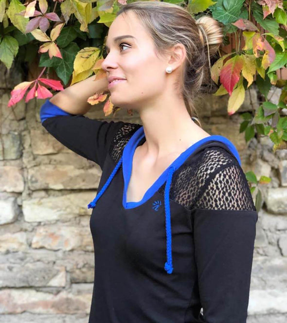 pull details epaules ajourees noir bleu roi femme myboo alexandra ledermann sportswear